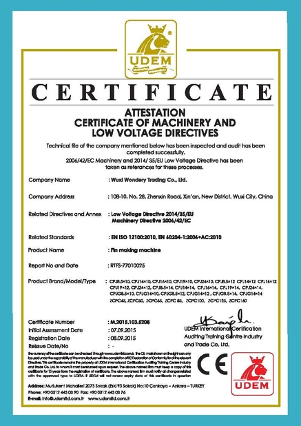CHINA Wuxi Wondery Industry Equipment Co., Ltd certificaciones